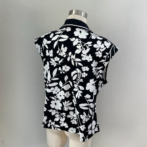 Kinona Womens XL Sleeveless Floral Polo Top Black White Golf Shirt Stretch - Picture 6 of 8